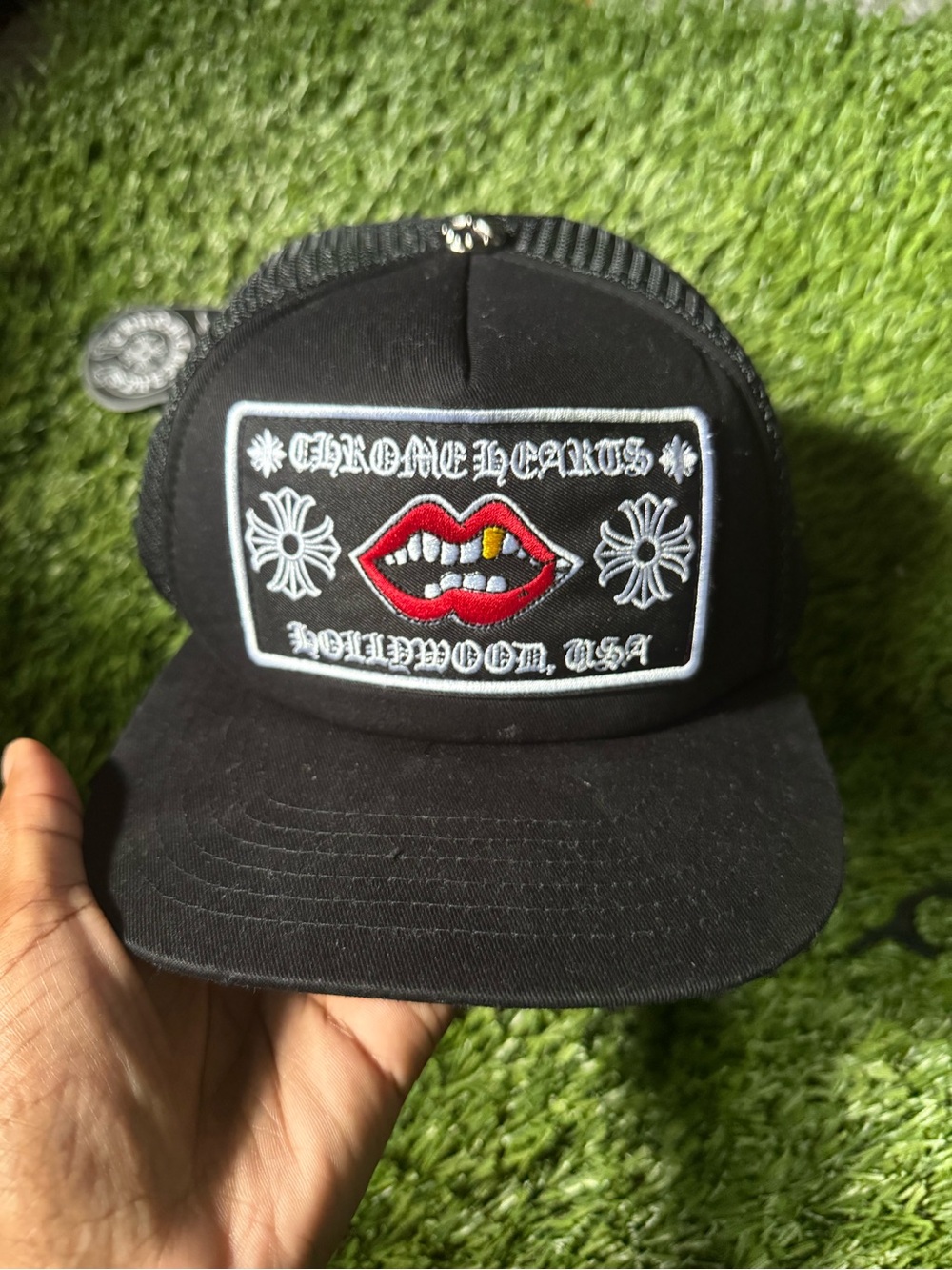 Chrome Hearts Black Hat with Red Lip Patch and White Embroidery